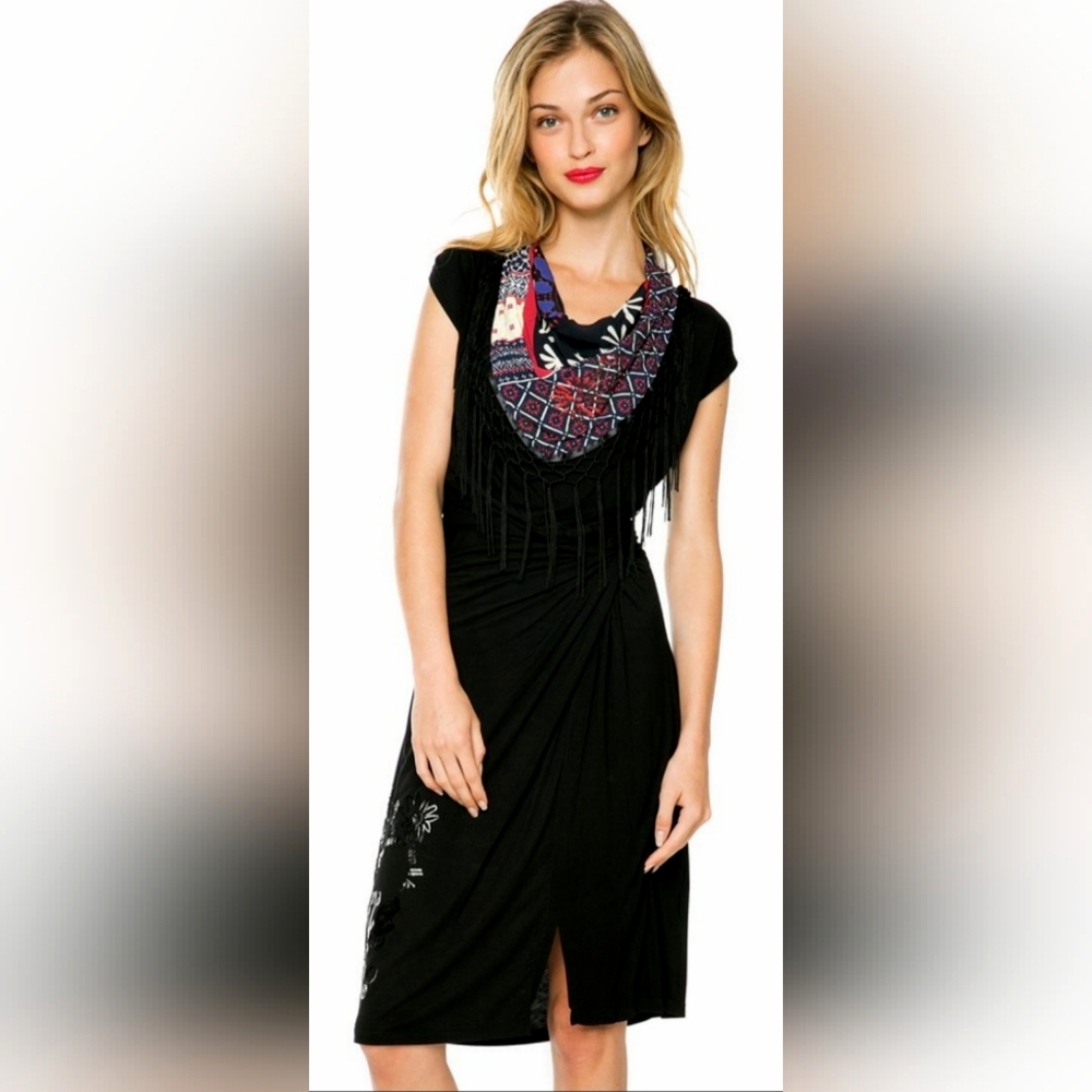 Desigual Cap Sleeve Fringe Scarf Ruching Dress Black Size Medium